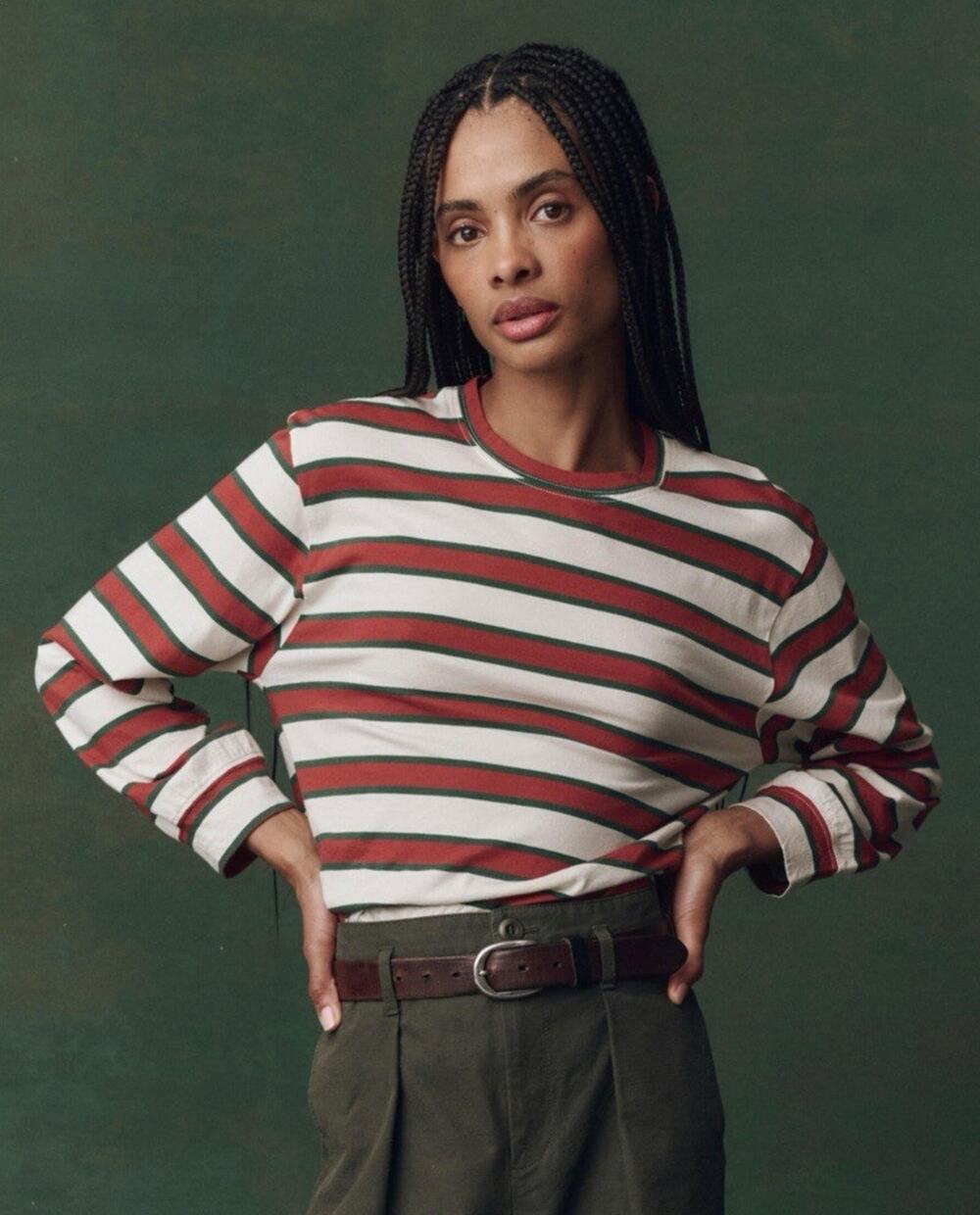 The Great Cream Red Green Striped Preppy Casual Campus Crew Long Sleeve Tee 3 L